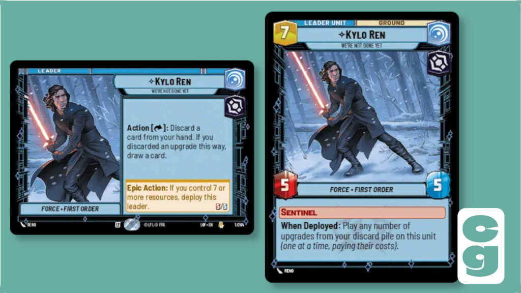 Both sides of the Kylo Ren leader card from Star Wars Unlimited, Legends of the Force