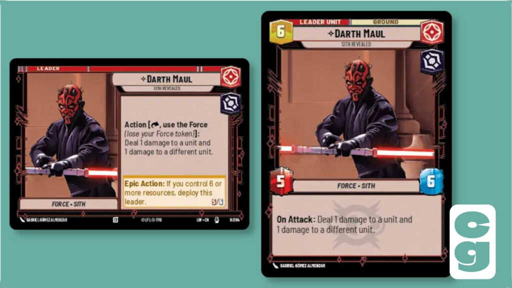 Both sides of the Darth Maul leader card from Star Wars Unlimited, Legends of the Force