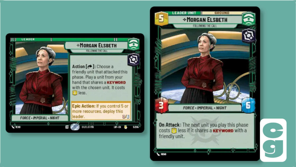 Both sides of the Morgan Elsbeth leader card from Star Wars Unlimited, Legends of the Force