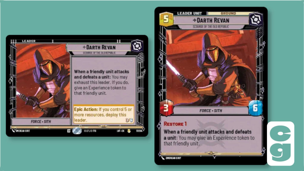 Both sides of the Darth Revan leader card from Star Wars Unlimited, Legends of the Force