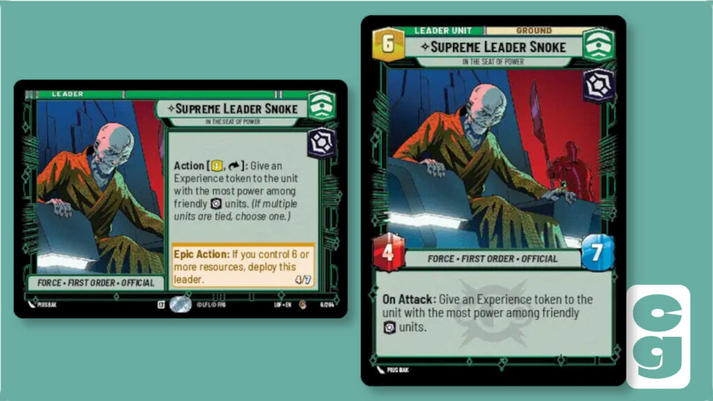 Both sides of the Snoke leader card from Star Wars Unlimited, Legends of the Force