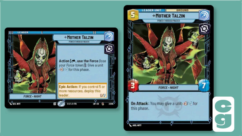Both sides of the Mother Talzin leader card from Star Wars Unlimited, Legends of the Force