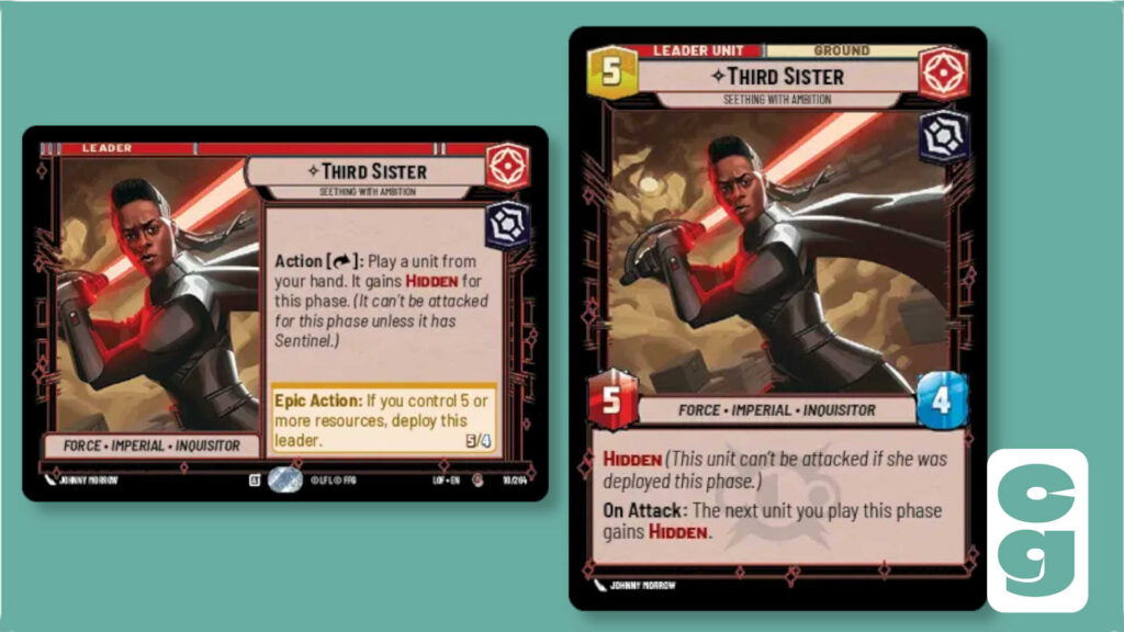 Both sides of the Third Sister leader card from Star Wars Unlimited, Legends of the Force