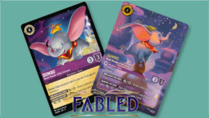 Two Dumbo cards from Disney Lorcana and the Fabled logo