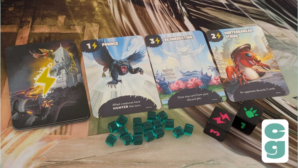 Power cards, energy cubes and dice from Mindbug x King of Tokyo