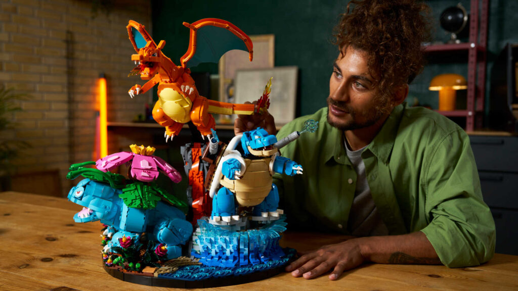 Venusaur, Charizard and Blastoise Lego set being built